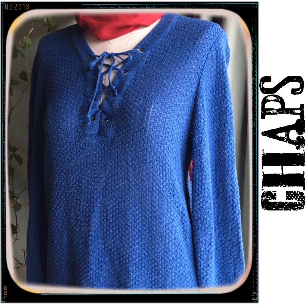 CHAPS Blue Lace-Up V-Neck Tunic 💯% Cotton